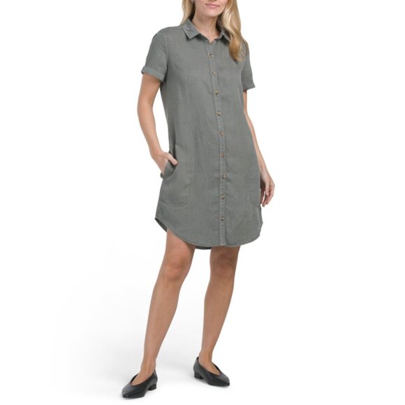 LUCKY BRAND Castor Grey Linen Blend Shirt Mini Dress With Pockets - Picture 1 of 2